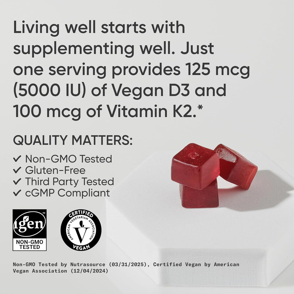 Sports Research Vitamina D3 + K2 Gominolas Veganas Sin Azúcar - 5000 UI D3 + 100 mcg MK-7 - 60 unidades