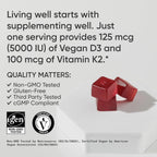 Sports Research Vitamina D3 + K2 Gominolas Veganas Sin Azúcar - 5000 UI D3 + 100 mcg MK-7 - 60 unidades