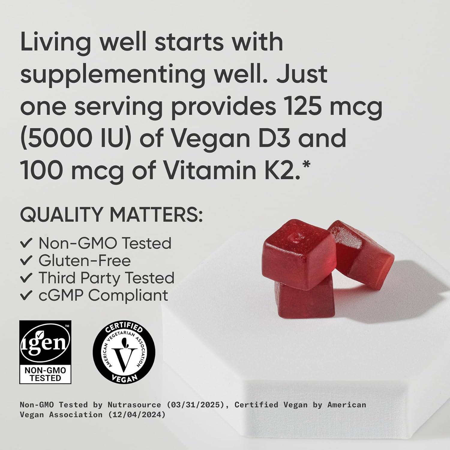 Sports Research Vitamina D3 + K2 Gominolas Veganas Sin Azúcar - 5000 UI D3 + 100 mcg MK-7 - 60 unidades