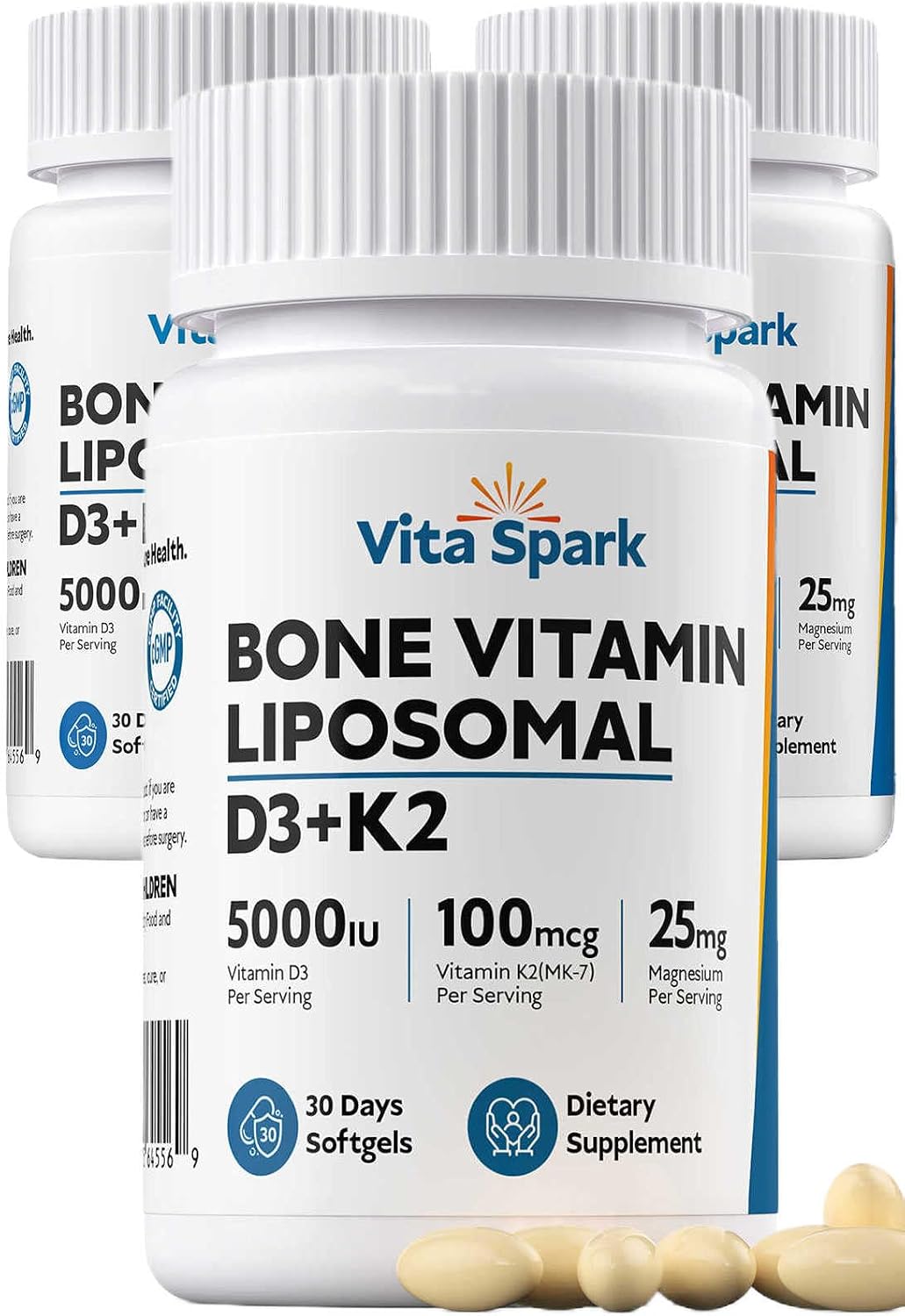 Vita Spark Vitamina D3 K2 - Suplemento de Vitamina D3 5000 UI, K2 MK-7 100 mcg y Magnesio - Cápsulas Blandas Liposomales