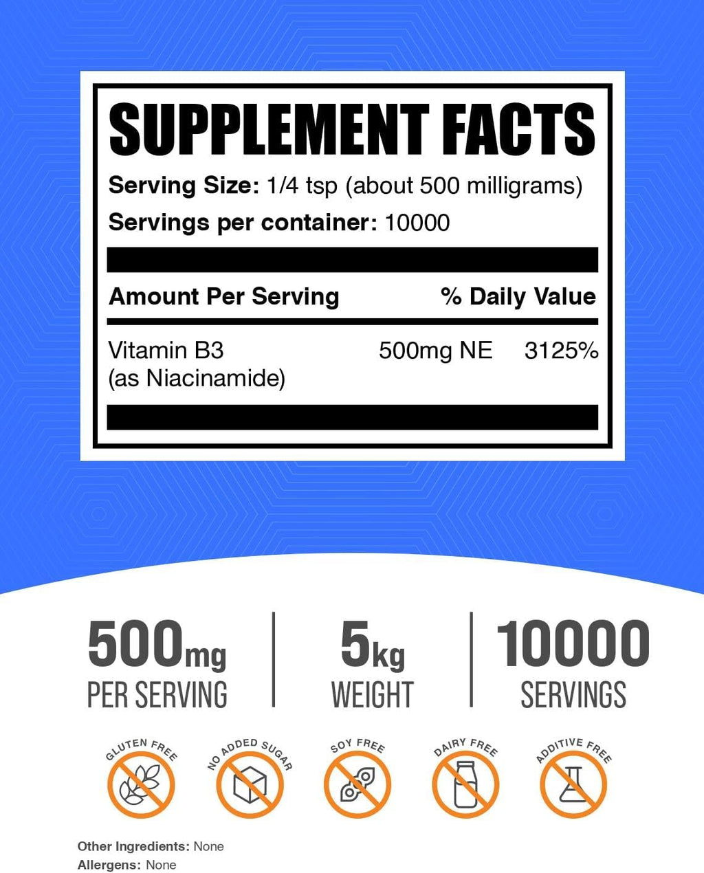 Niacinamida en Polvo - Vitamina B3, 500 mg por ración, 5 kg
