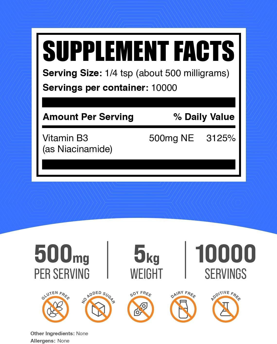 Niacinamida en Polvo - Vitamina B3, 500 mg por ración, 5 kg