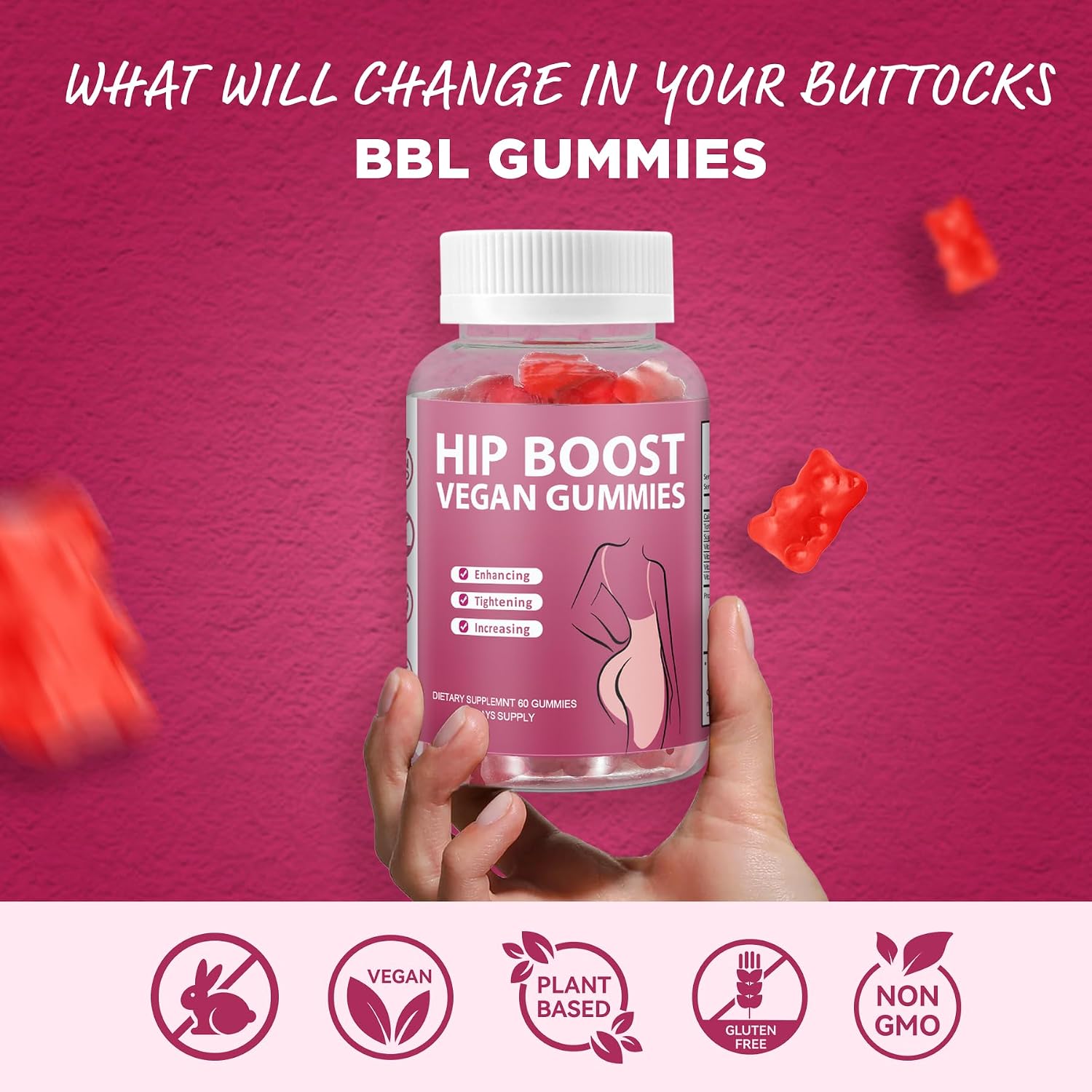 Natural BBL Gummies for Women Natural Curve, 60 Count Bear Shape Booty Gummies with Herbal Extracts & Multivitamins, Berry Flavor