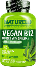NATURELO Vitamina B12 Vegana – Metil B12 con Espirulina Orgánica – 1000 mcg Metilcobalamina – 90 Cápsulas