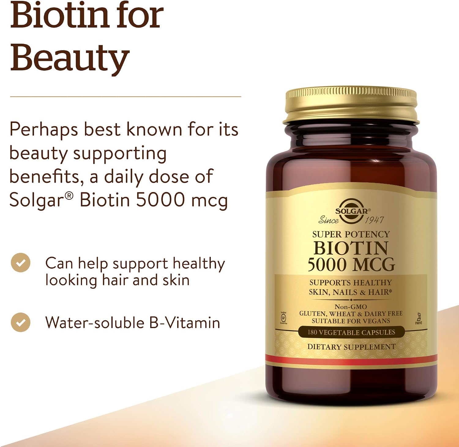 Solgar Biotin 5000 mcg - 180 Cápsulas - Alta Potencia - Con Eyebright, Ginkgo, NAC, Taurina, Carotenoides - Sin Gluten, Vegano