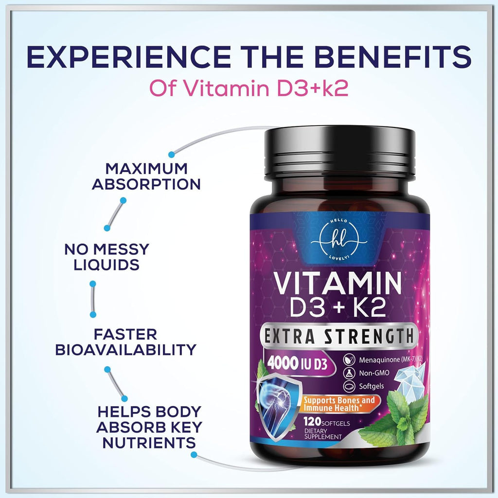 Hello Lovely! Vitamina D3 con K2 (MK-7) - 4000 IU (100 mcg) por porción - 120 Cápsulas Blandas