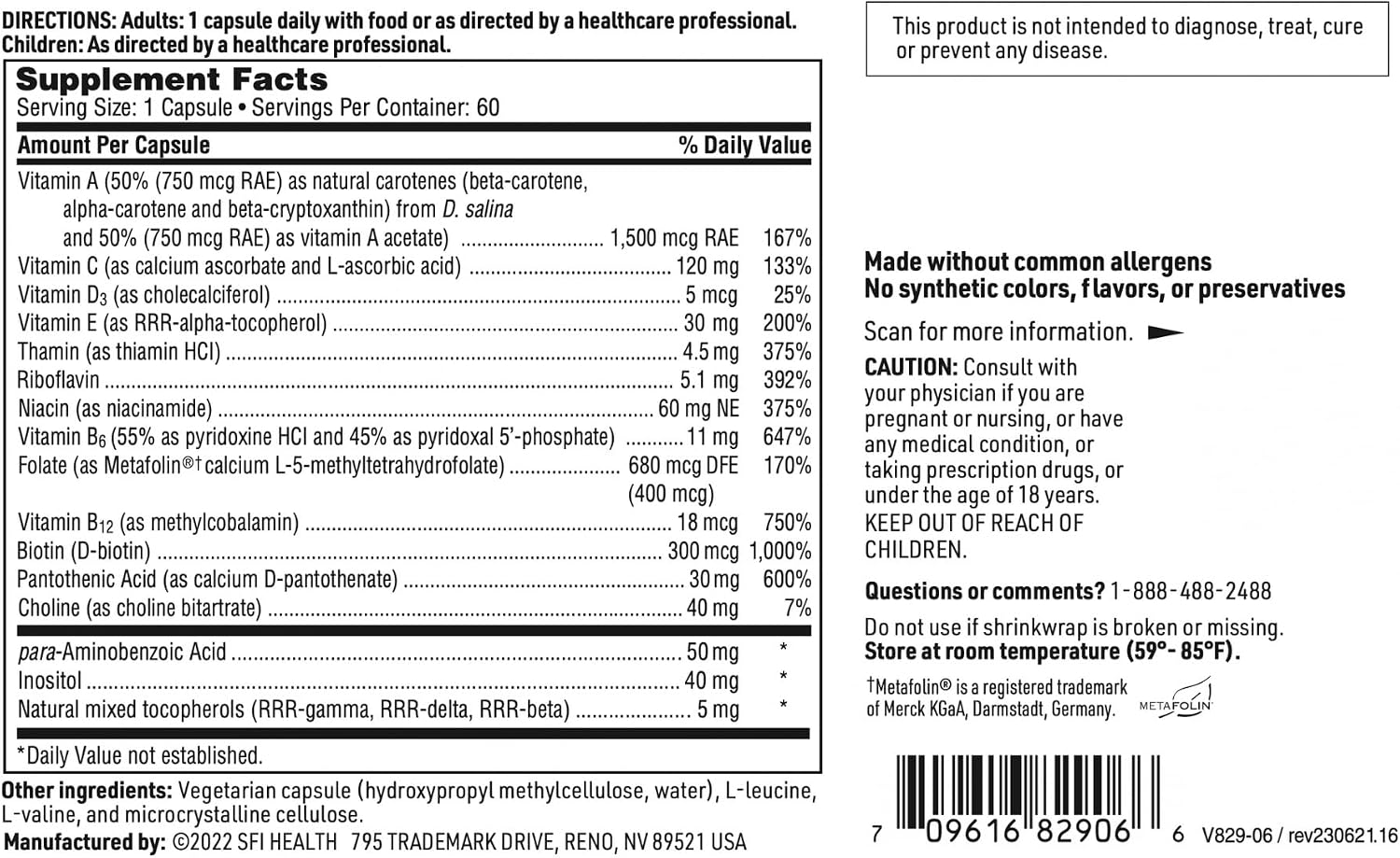 SFI Health Klaire Labs Complejo Multivitamínico - Hipoalergénico, sin minerales, dosis única diaria con Metafolin Folato, Vitamina B6 y B12 (60 cápsulas)