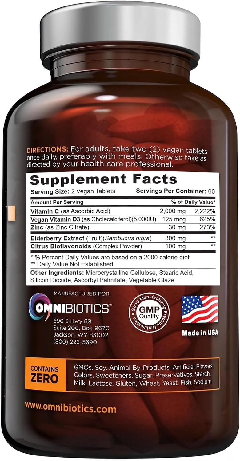 OmniBiotics Ultimate Vitamina C 2000 mg con Zinc, Saúco y D3 – 120 Comprimidos Veganos