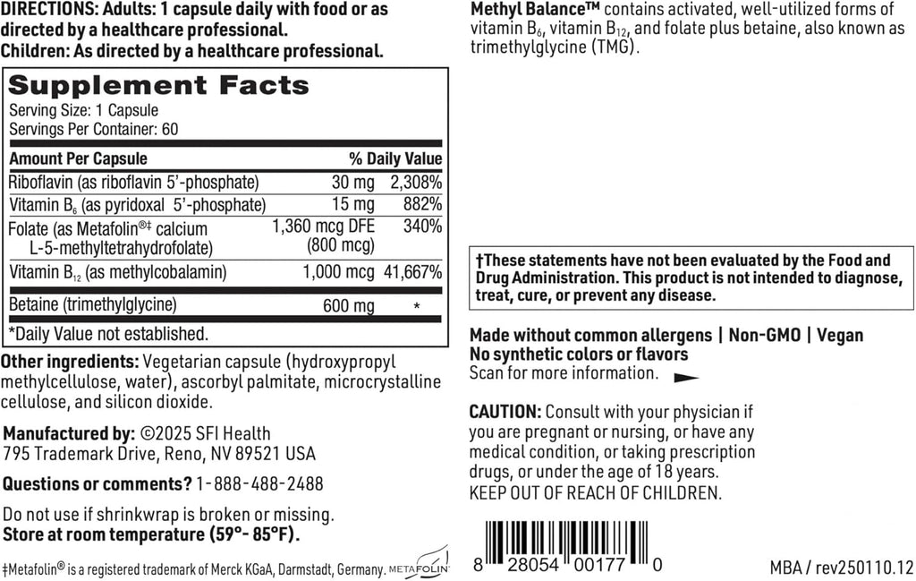 Methyl Balance - Complejo de Vitamina B Activada con Betaína, 60 Cápsulas