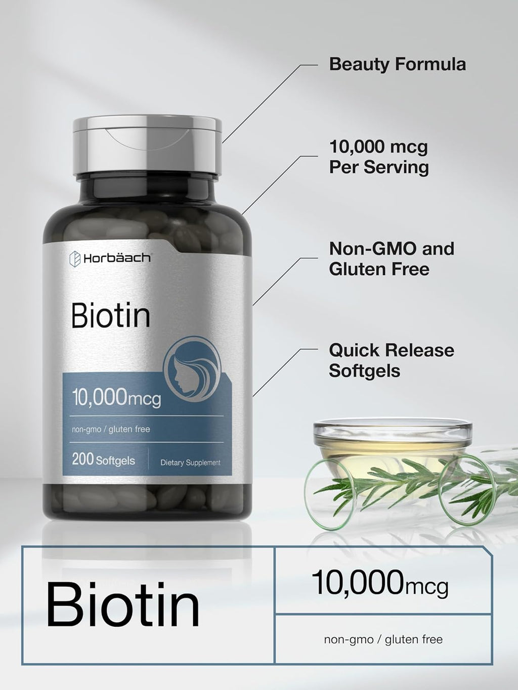 Horbäach Biotina 10.000 mcg - 200 Cápsulas Blandas - Suplemento de Biotina con Vitamina B7