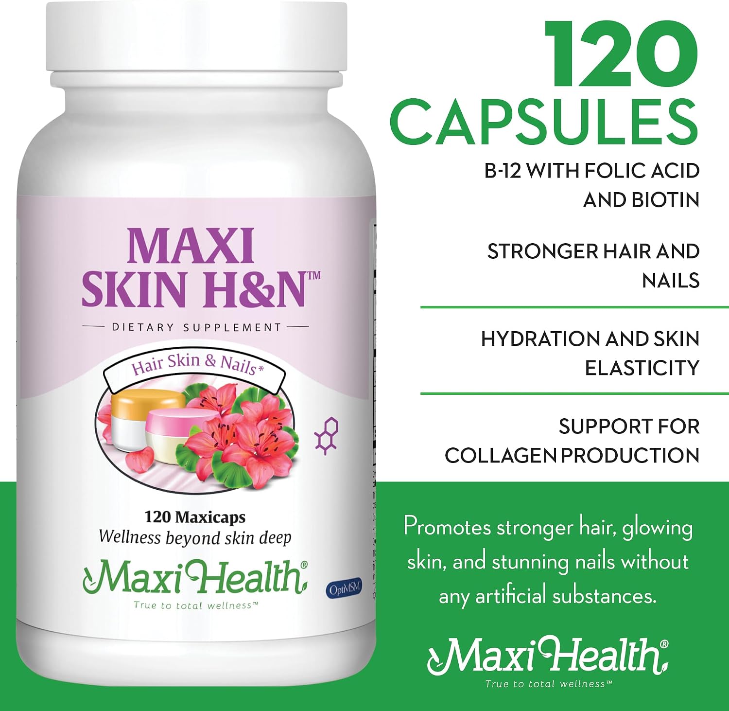 Maxi Health - Vitaminas para Cabello, Piel y Uñas con Biotina y Ácido Hialurónico - 120 Cápsulas