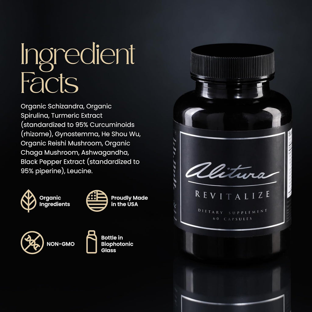 Alitura Revitalize - Suplemento Orgánico de Ashwagandha y Cúrcuma - Energía Natural, Estado de Ánimo y Recuperación para Hombres y Mujeres - 60 Cápsulas