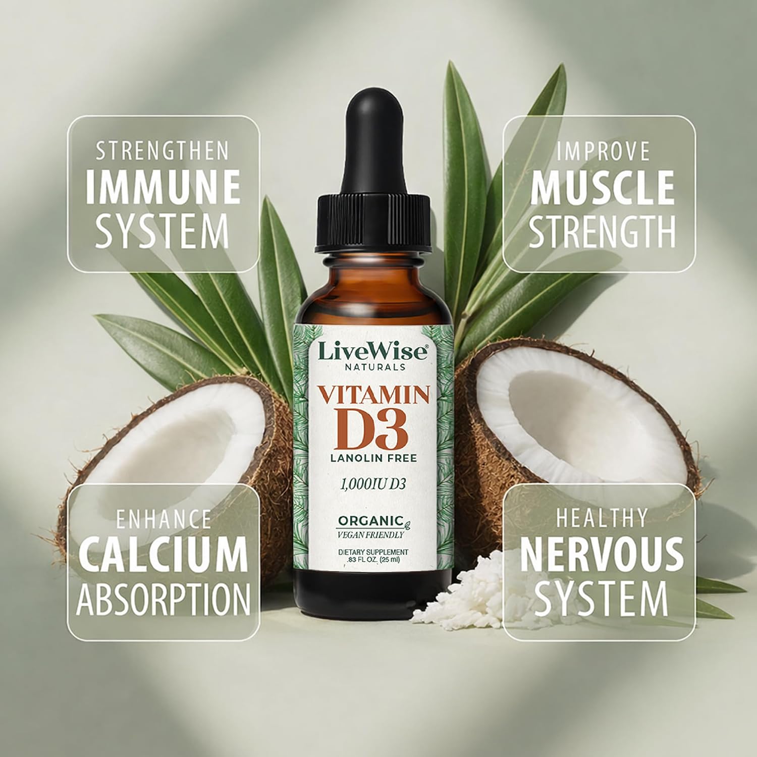 Live Wise Naturals Vitamina D3 1000 UI (25 mcg) Gotas - Fórmula Ultra Concentrada, Absorción Rápida, Vegana, con Aceite MCT Orgánico y Dosificador Microdosis