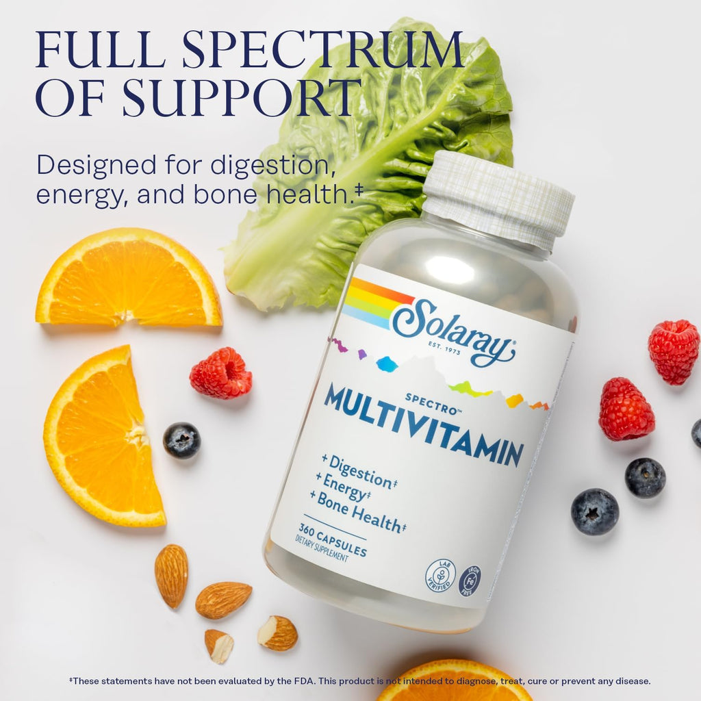 SOLARAY Spectro Multivitamin con Hierro - Complejo Multivitamínico con Calcio, Magnesio, Superalimentos y Enzimas Digestivas - Apoyo para Digestión, Energía y Salud Ósea (360 Cápsulas)