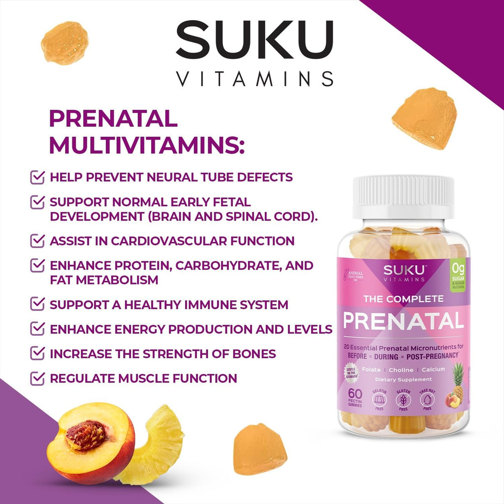 SUKU Gominolas Multivitamínicas Prenatales – Folato, Calcio, Vitamina D3, B12, K2 – Sin Azúcar – 60 Unidades