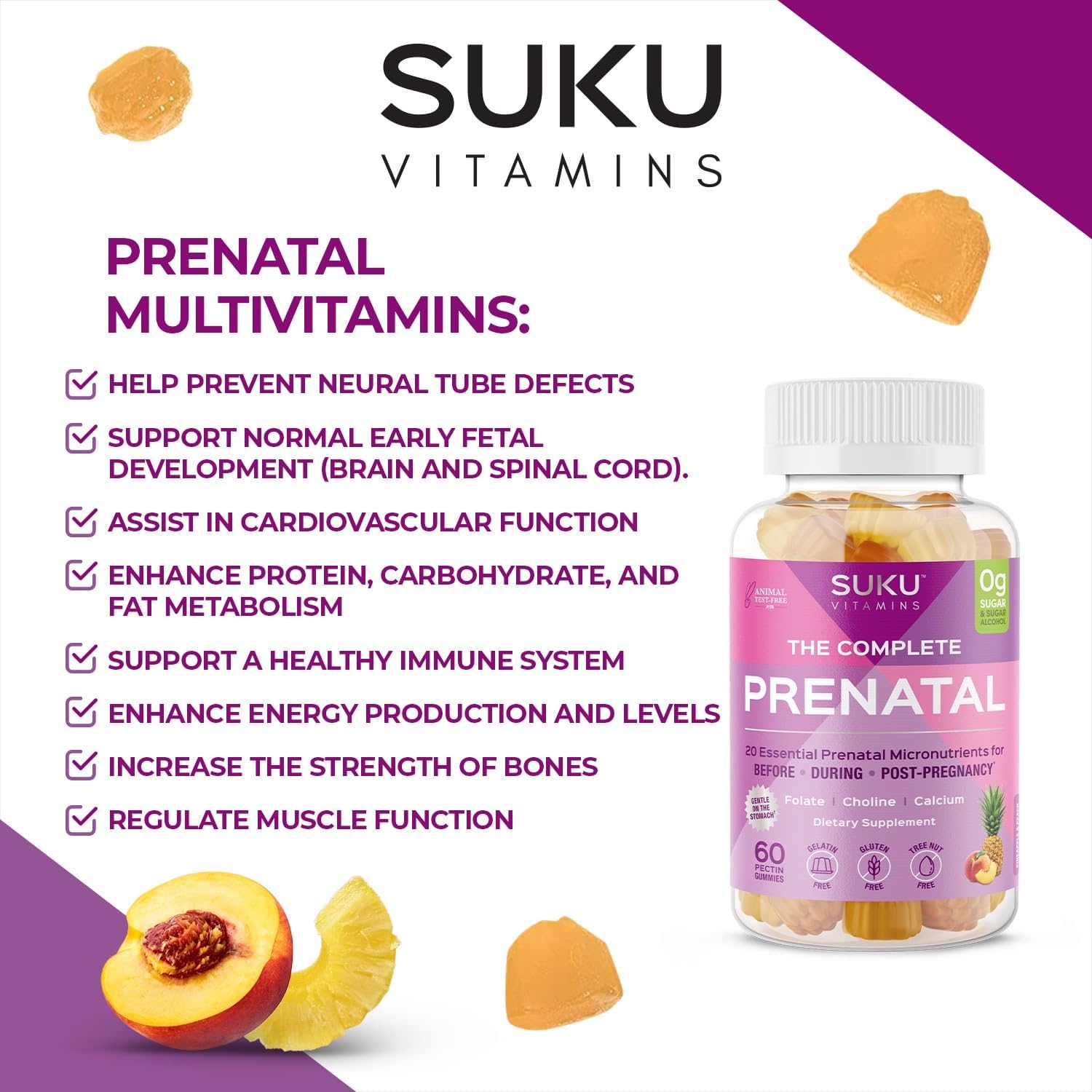 SUKU Gominolas Multivitamínicas Prenatales – Folato, Calcio, Vitamina D3, B12, K2 – Sin Azúcar – 60 Unidades