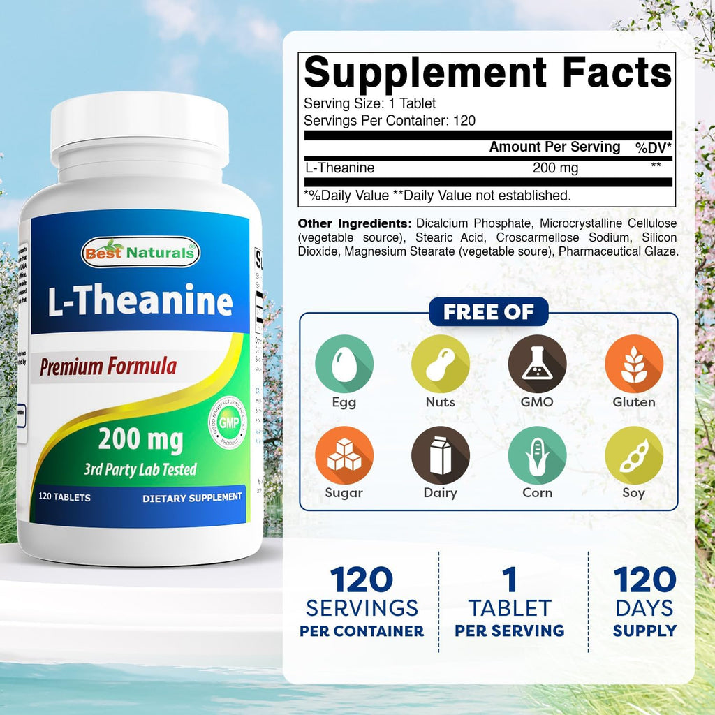 Best Naturals L-Teanina 200mg por Tableta (400mg por 2 Tabletas) - Promueve la Relajación Sin Somnolencia - 120 Tabletas Vegetarianas
