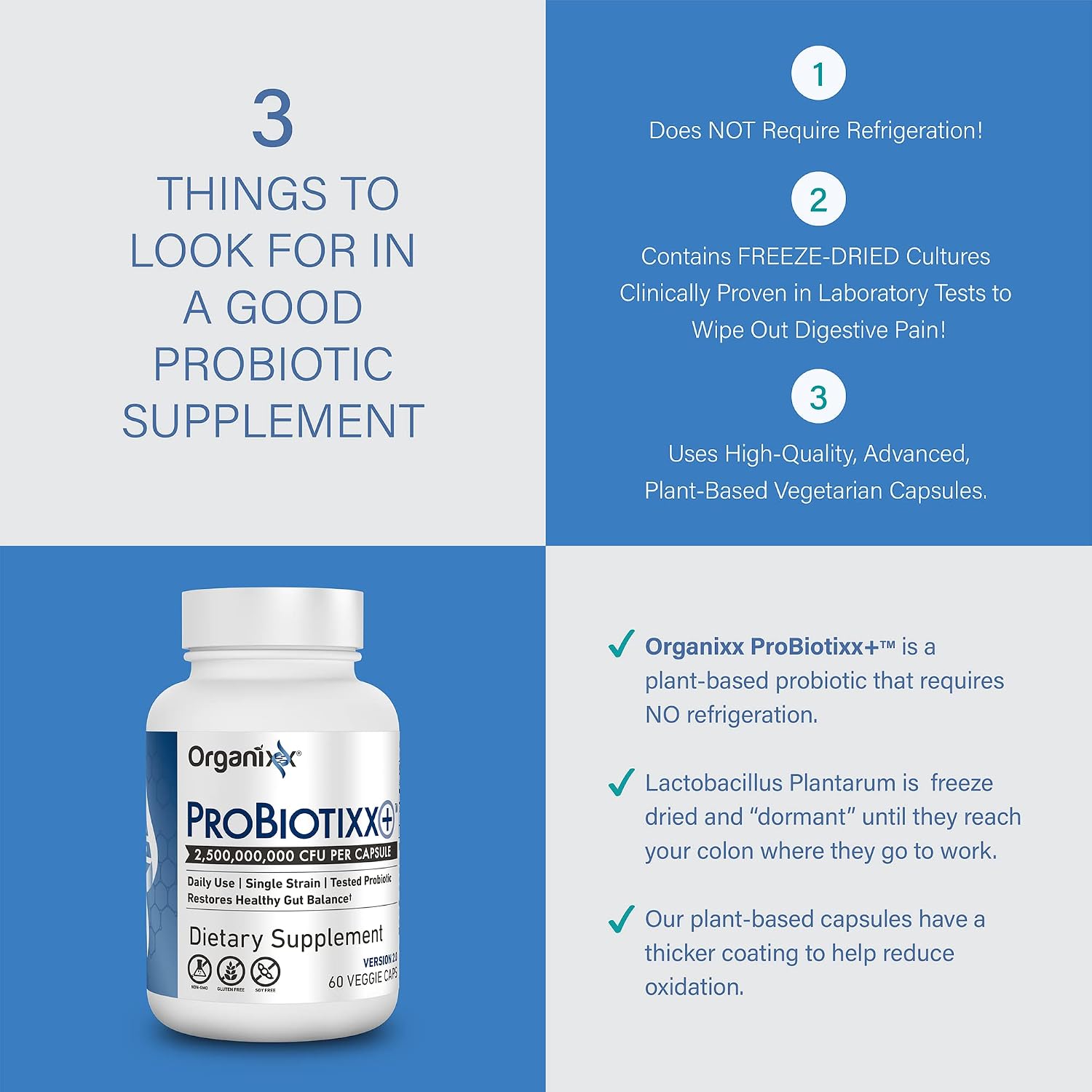 Organixx ProBiotixx+ Probiótico Diario para Salud Digestiva e Inmunidad, 60 Cápsulas Vegetales