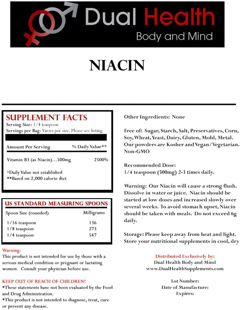 Niacina en Polvo (1 kg) - Vitamina B3 Pura de Liberación Inmediata con Flush - Ácido Nicotínico - No GMO, Vegano, Sin Gluten