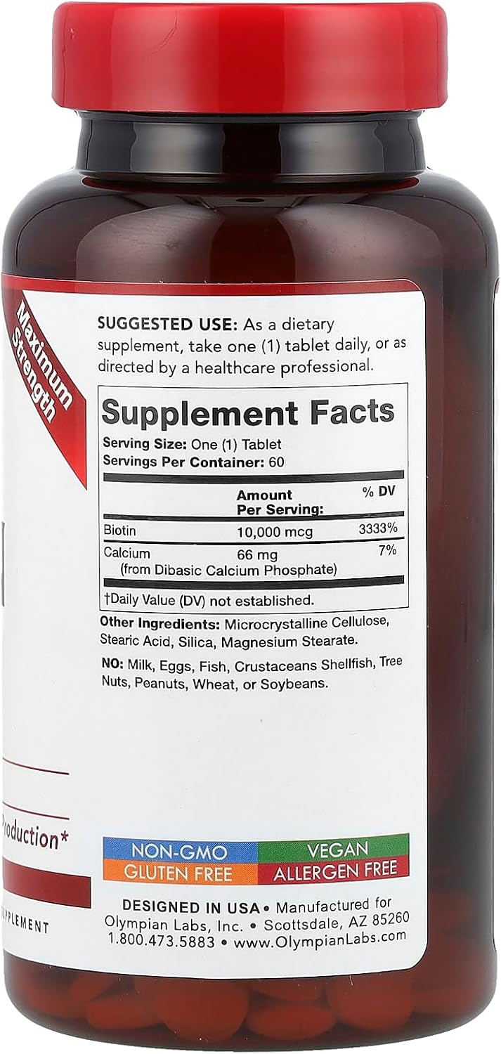 Olympian Labs Max Strength Biotina 10.000 mcg, 60 Comprimidos Veganos