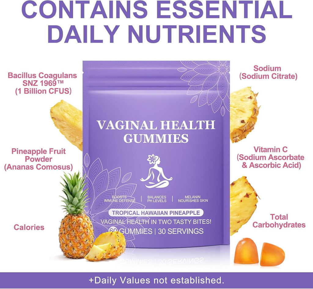 Gominolas de Piña para Mujeres PH 60 Unidades, Equilibrio PH, Probióticos Vaginales, Mejora la Inmunidad, Sabor Hawaiano, Veganas y Bajas en Azúcar