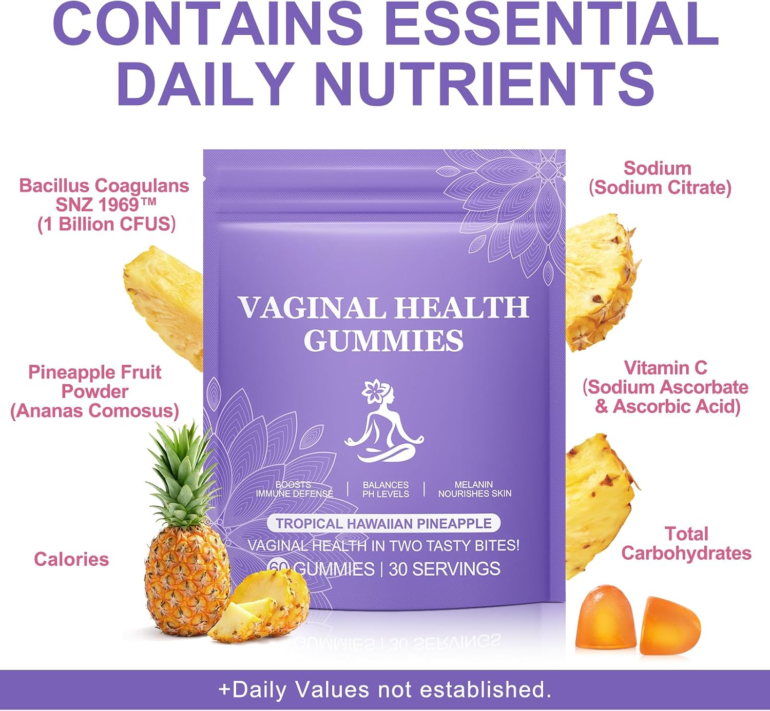 Gominolas de Piña para Mujeres PH 60 Unidades, Equilibrio PH, Probióticos Vaginales, Mejora la Inmunidad, Sabor Hawaiano, Veganas y Bajas en Azúcar