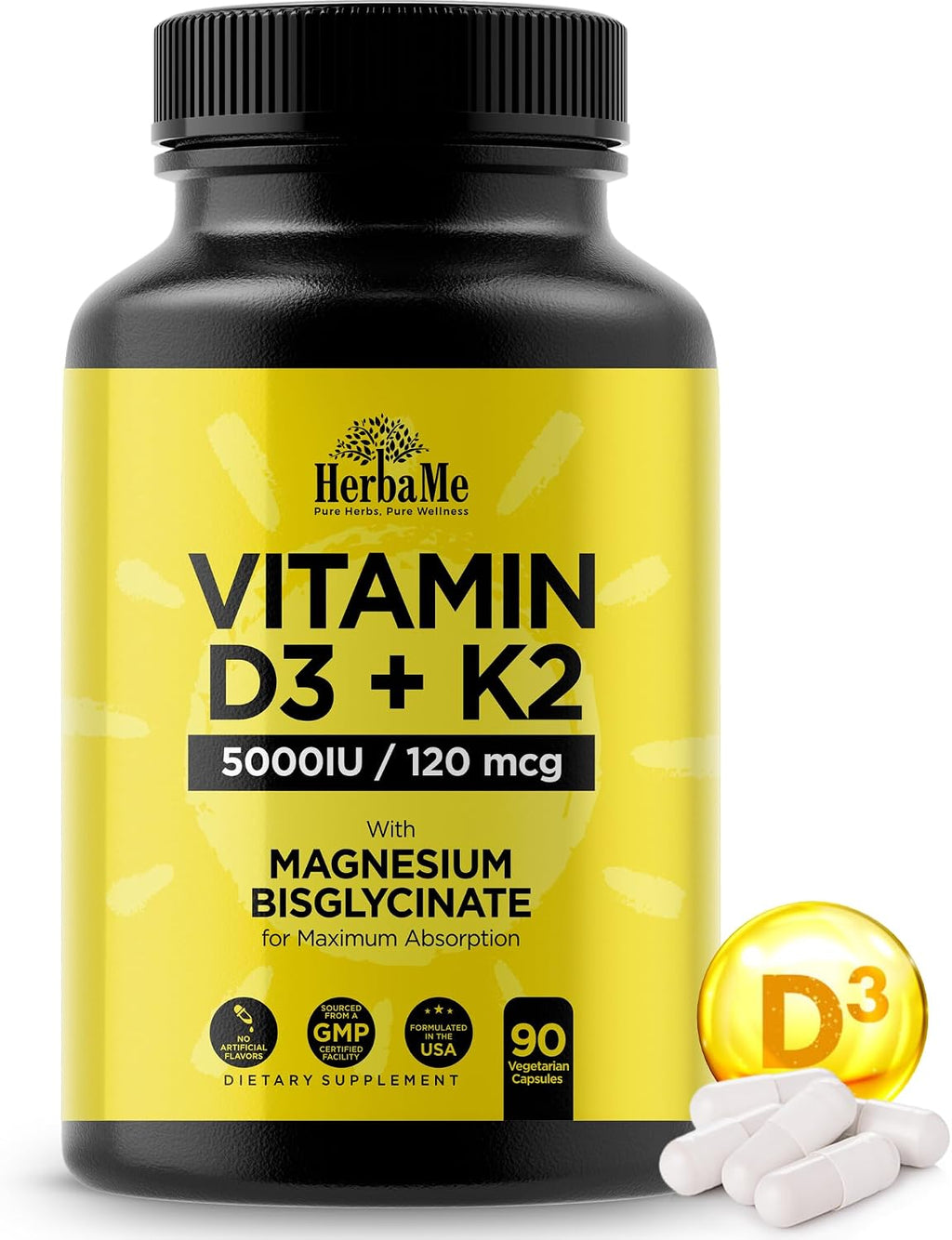 HerbaMe Vitamina D3 5000 UI + K2 con Magnesio Bisglicinato | Salud Ósea, Muscular e Inmune | 90 Cápsulas