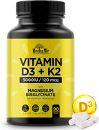 HerbaMe Vitamina D3 5000 UI + K2 con Magnesio Bisglicinato | Salud Ósea, Muscular e Inmune | 90 Cápsulas