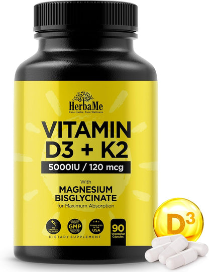 HerbaMe Vitamina D3 5000 UI + K2 con Magnesio Bisglicinato | Salud Ósea, Muscular e Inmune | 90 Cápsulas – Image 1