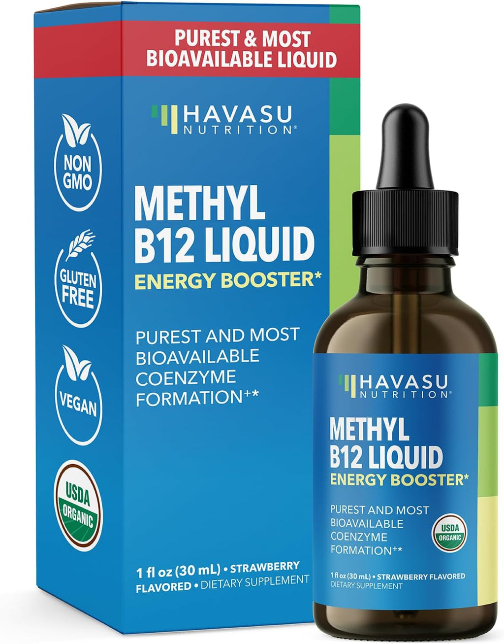 Vitamina B12 Líquida Orgánica - Metilcobalamina - 30 Dosis - Sabor Fresa