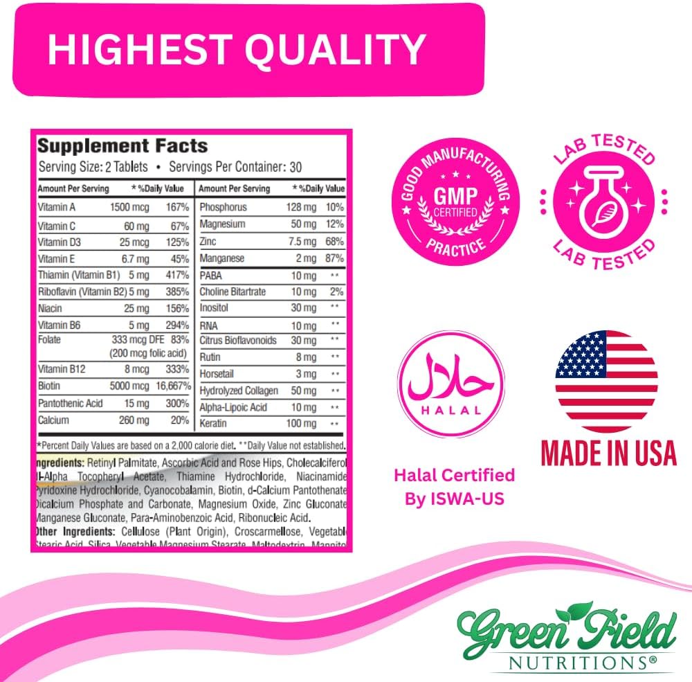 Greenfield Nutritions Biotina Halal 5000mcg con Colágeno - 60 Comprimidos