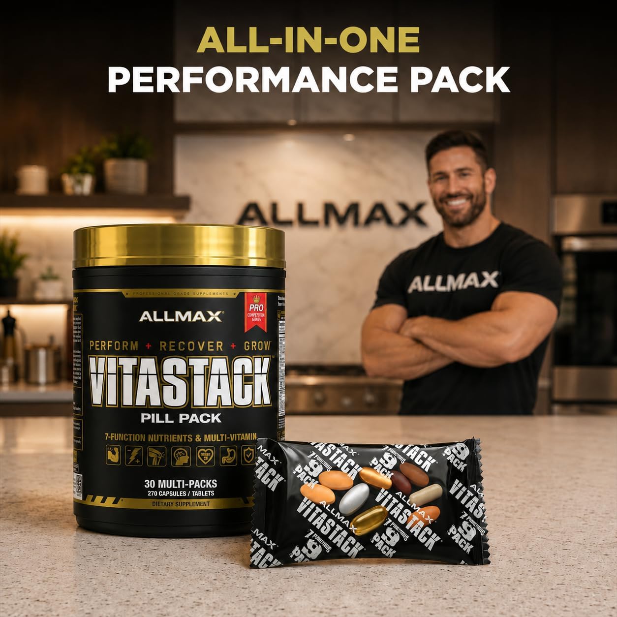 ALLMAX VITASTACK Multivitamin Packs – 30 Sobres Diarios con Omega-3, BCAA y Enzimas