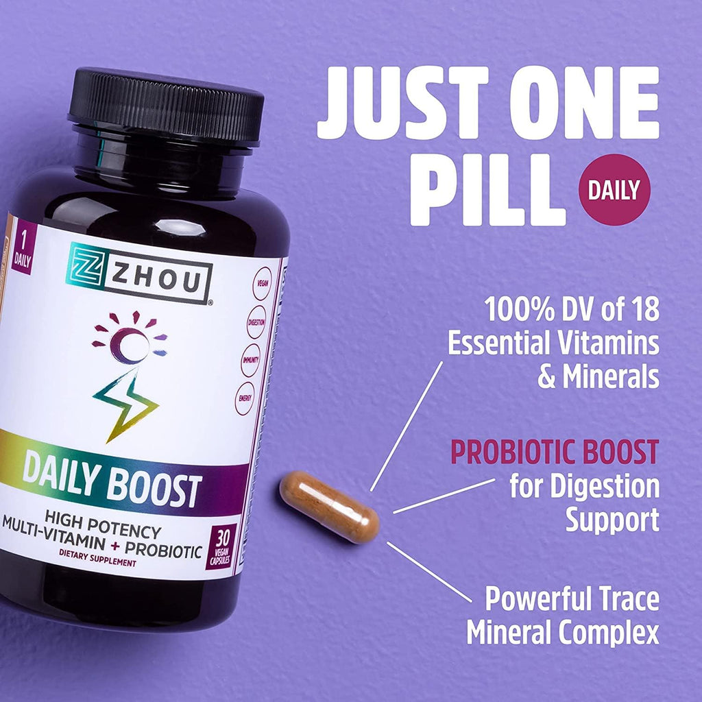 Zhou Nutrition Daily Boost Multivitamínico con Probiótico, Zinc, Vitamina C, D3 y Complejo B | 60 Cápsulas Veganas