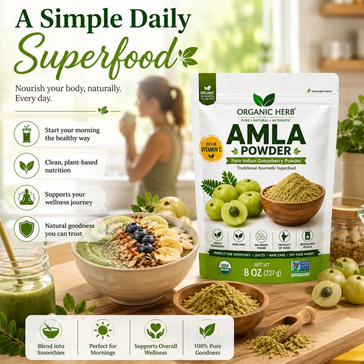 Polvo de Amla Orgánico - Complemento de Vitamina C Natural para Inmunidad y Cabello - 227 g