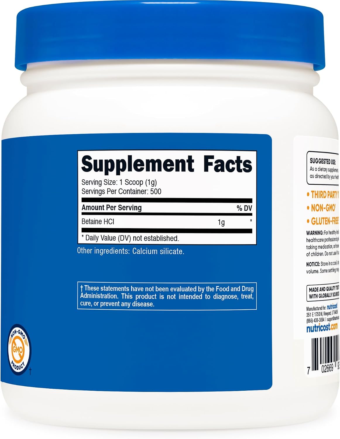 Nutricost Betaína HCl en Polvo 500 g - Sin Gluten, Sin OGM