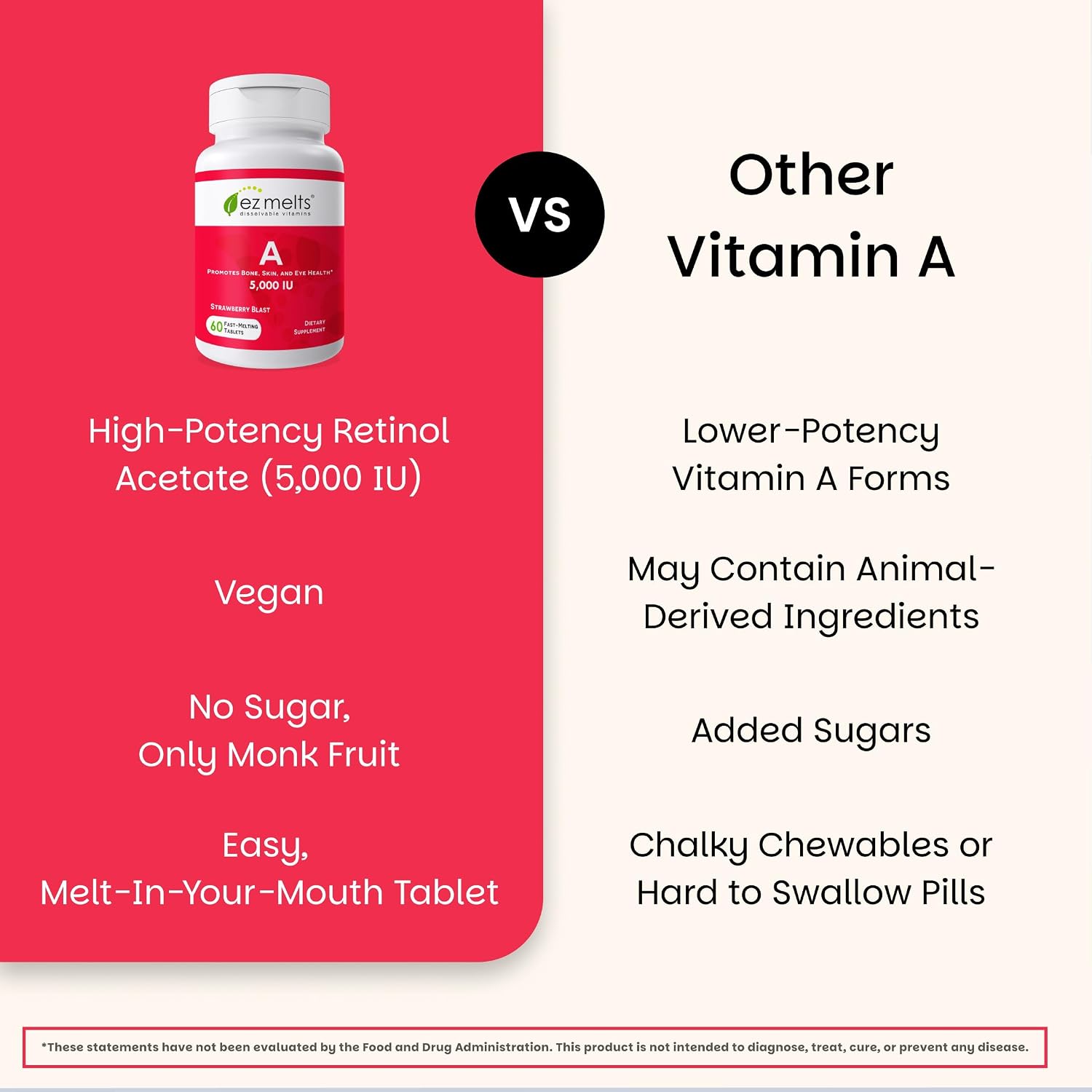 EZ Melts Vitamina A – Vegan Vitamin A Supplement – 60 Strawberry Flavored Orally Disintegrating Tablets