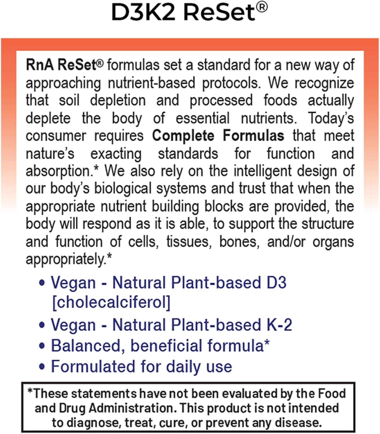 RnA ReSet D3K2 Reset – 4000 UI Vitamina D3 y 100 mcg K2 (60 Cápsulas) NSF Certified