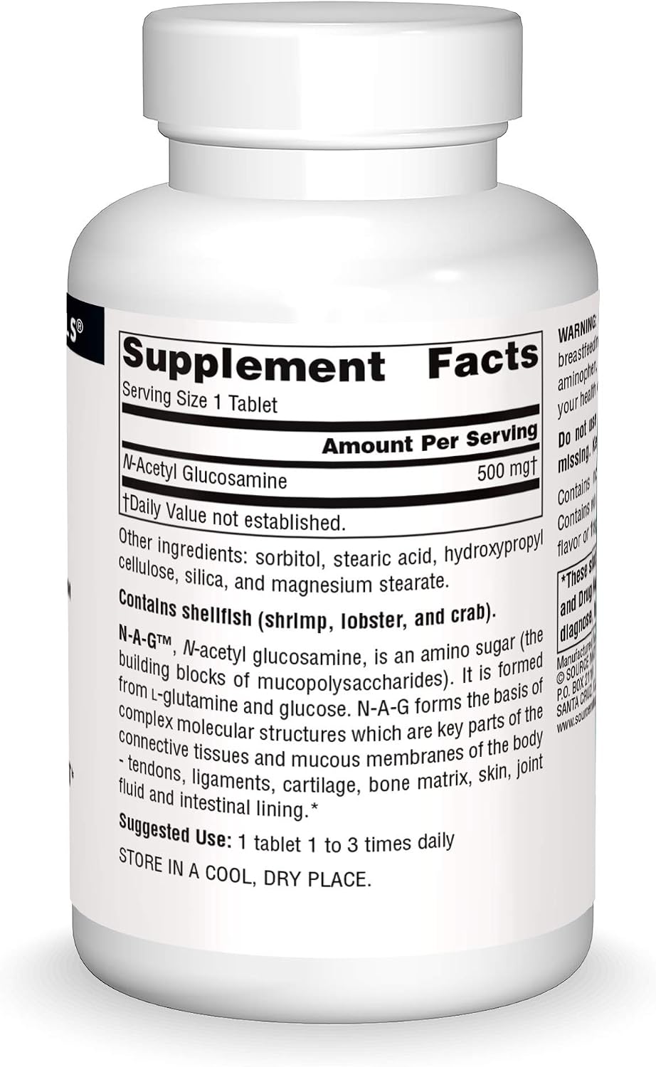 Source Naturals N-A-G 500 mg - N-Acetil Glucosamina para el Soporte de los Tejidos Conectivos - 120 Comprimidos