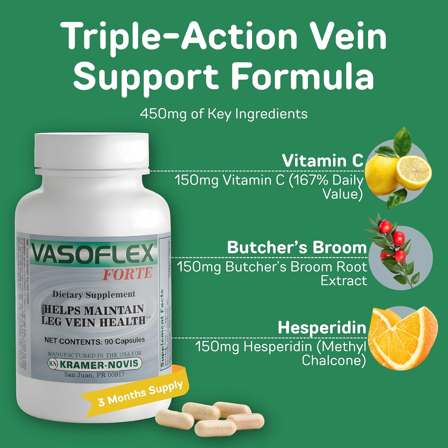 Vasoflex-Forte – Suplemento para la Salud de las Venas y las Piernas Cansadas – 90 Cápsulas