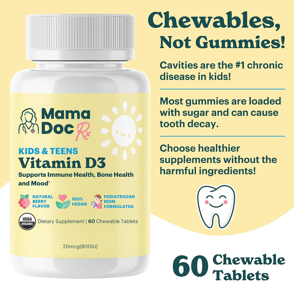 MamaDoc Rx Vitamina D3 Orgánica Masticable para Niños y Adolescentes | 800 UI | Sin Azúcar, Vegano, Sin Alérgenos | 2 Meses de Suministro | Edad 3+