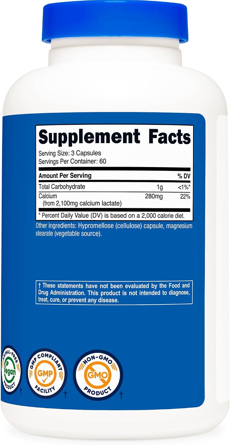 Nutricost Lactato de Calcio 2,100mg - 180 Cápsulas - Vegano, Sin Gluten