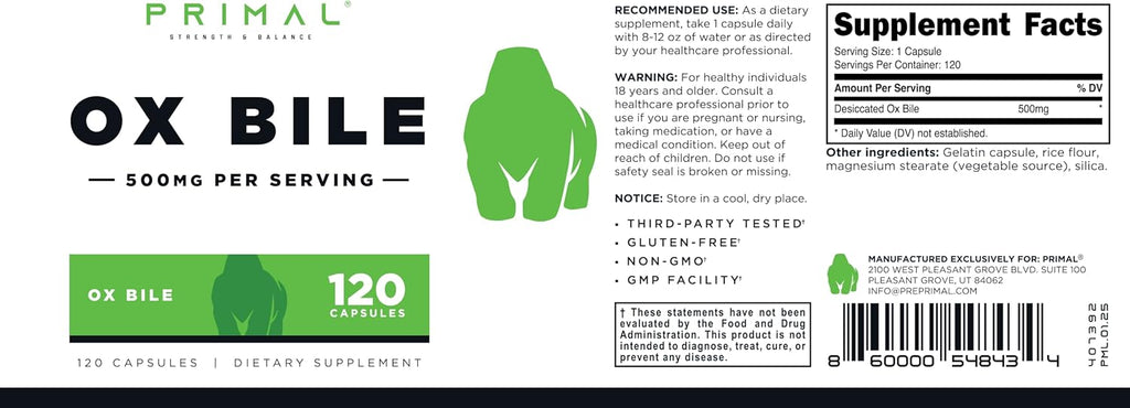 Primal Ox Bile (120 Cápsulas, 500 mg por Porción) – Sin Gluten, Sin OGM, Probado por Terceros