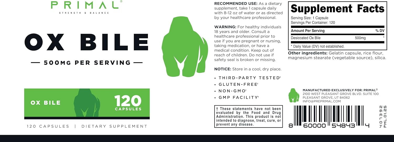 Primal Ox Bile (120 Cápsulas, 500 mg por Porción) – Sin Gluten, Sin OGM, Probado por Terceros
