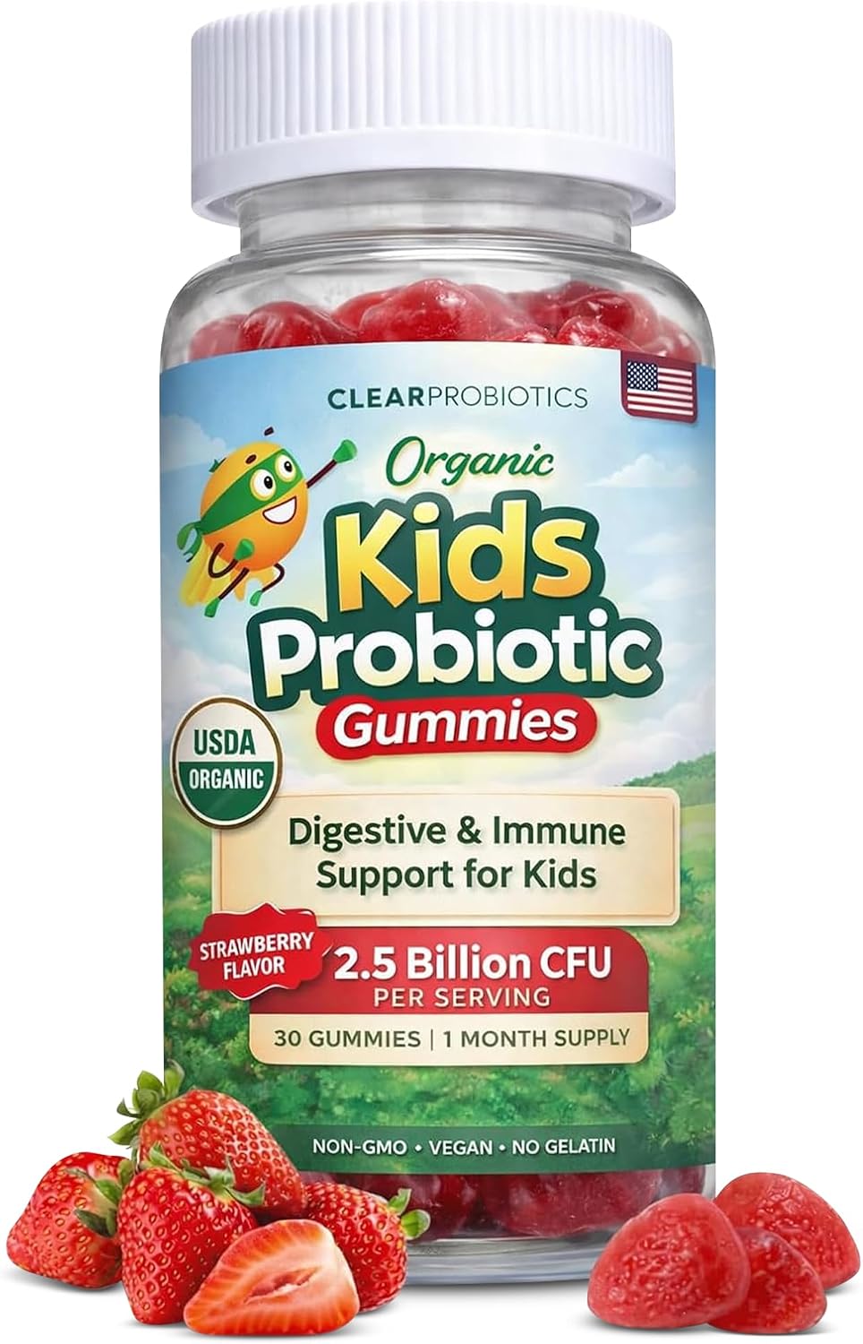 Clear Buddy Probióticos para Niños de 2 a 6 Años – Gominolas Orgánicas USDA con DE111 (2.5B UFC) – Apoyo Inmunitario y Digestivo – Sabor Fresa – 30 Días