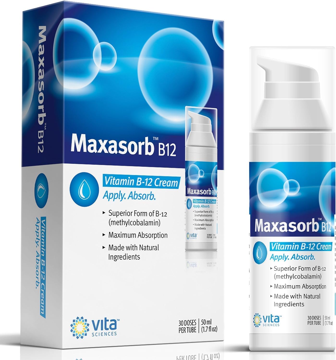 Vita Sciences Maxasorb B12 Crema de Vitamina B12 1000 mcg - Metilcobalamina Tópica para Energía y Piel Radiante - Pack de 6