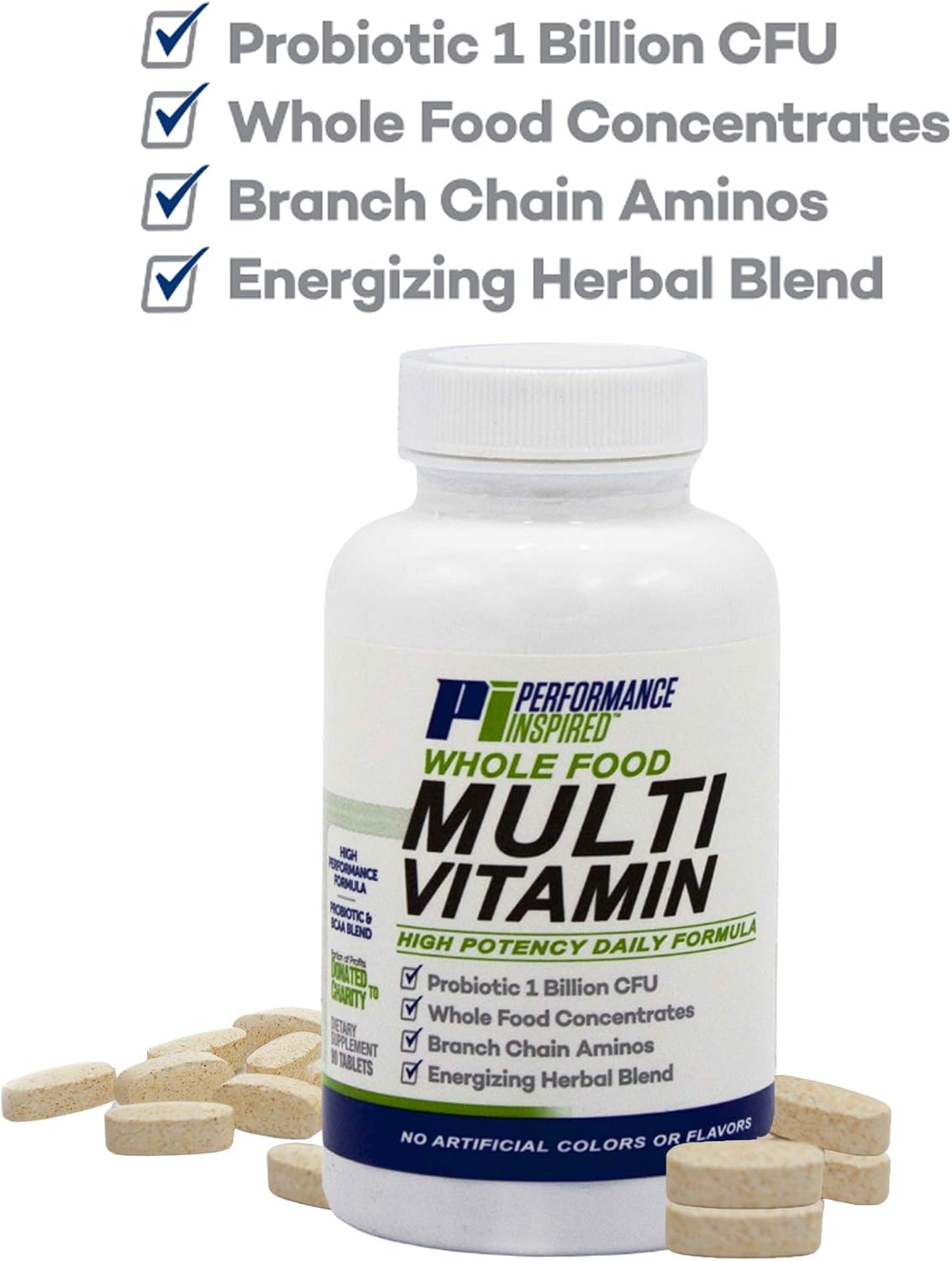 Performance Inspired Nutrition - Multivitamínico de Alimentos Integrales con Probióticos, BCAAs y Complejo Herbal - 90 Comprimidos