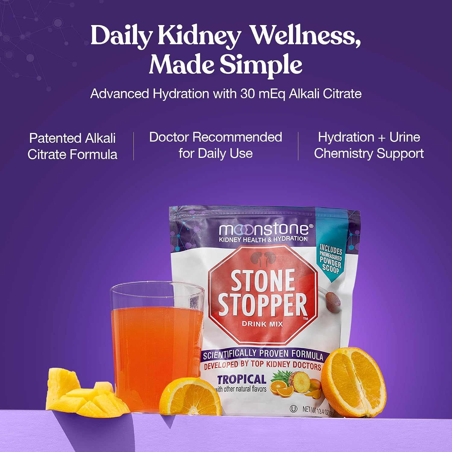 Stone Stopper Drink Mix, Tropical - Suplemento de Citrato Alcalino para la Salud Renal (30 Sobres)