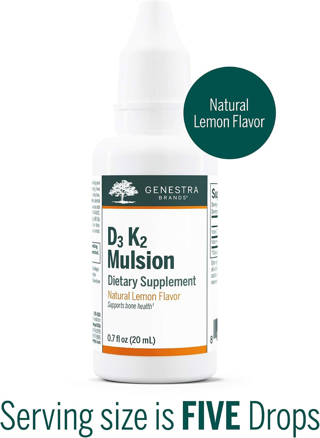 Genestra Brands D3 K2 Mulsion - Liquid D3 and K2 Vitamins - Natural Lemon Flavor - 122 Doses