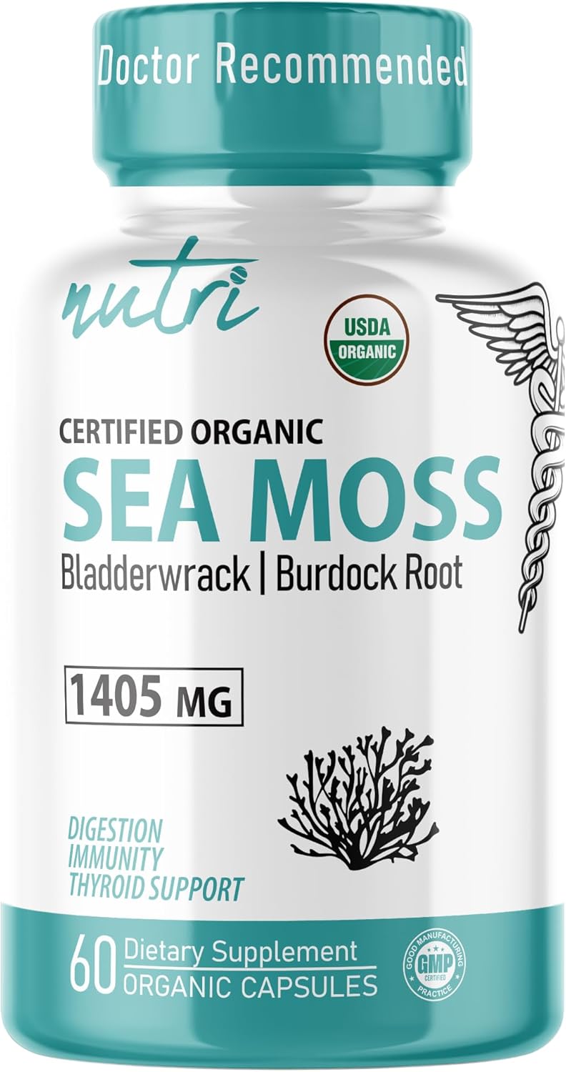 Nutri Certified Organic Sea Moss Capsules - Complejo de Musgo de Mar Orgánico, 1405mg, 60 Cápsulas