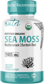 Nutri Certified Organic Sea Moss Capsules - Complejo de Musgo de Mar Orgánico, 1405mg, 60 Cápsulas